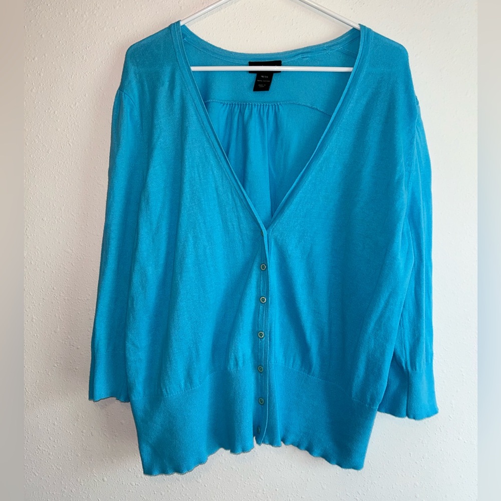 Lane Bryant Sz 18/20 Blue 3/4 Sleeve Button Up Cardigan Lightweight V-Neck